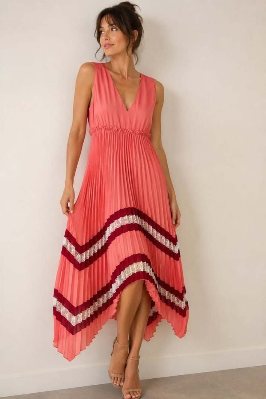MAJE Paris Pink Pleated Lace Midi Dress - NWT. Size 2
